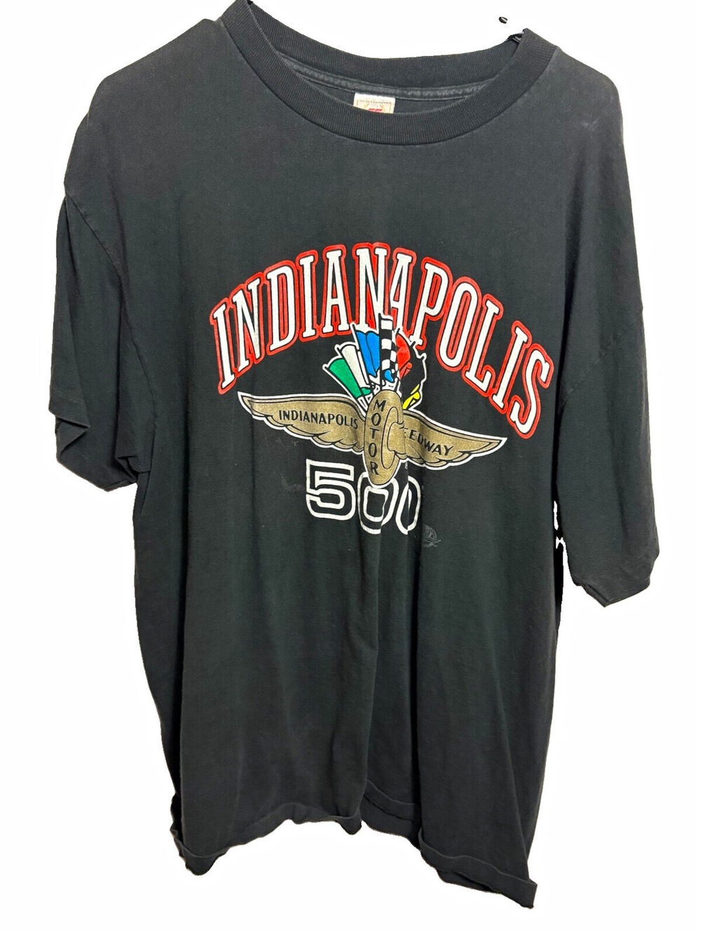 Vintage 90s Indianapolis 500 Motor Speedway T-Shirt Wing Wheel Logo Black XL